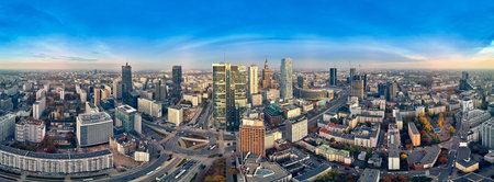 Beautiful panoramic aerial drone view to panorama cityscape of Warsaw modern City, PKiN and Rondo 1...