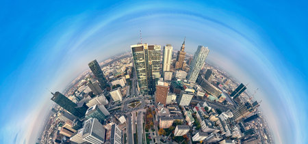 Beautiful panoramic aerial drone view to panorama cityscape of Warsaw modern City, PKiN and "Rondo 1" office skyscraper located at Rondo ONZの写真素材