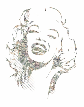 Silhouette of Merlin Monroe - one of the symbols of the America - formed with american dollars bills isolated on white backgroundのeditorial素材