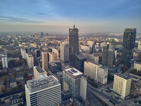 Beautiful panoramic aerial drone view to panorama cityscape of Warsaw modern City, PKiN and "Rondo 1" office skyscraper located at Rondo ONZのeditorial素材