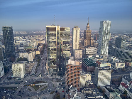 Beautiful panoramic aerial drone view to panorama cityscape of Warsaw modern City, PKiN and "Rondo 1" office skyscraper located at Rondo ONZのeditorial素材