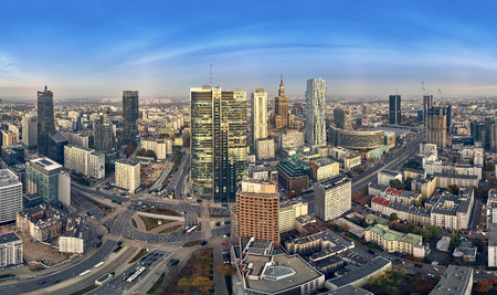 Beautiful panoramic aerial drone view to panorama cityscape of Warsaw modern City, PKiN and "Rondo 1" office skyscraper located at Rondo ONZのeditorial素材