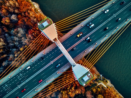 Beautiful panoramic aerial drone view to cable-stayed Siekierkowski Bridge over the Vistula river...