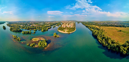 Beautiful futuristic panoramic aerial drone view to city of Ust-Kamenogorsk (KZ: Oskemen) and Irtysh river, East Kazakhstan (Qazaqstan)の写真素材