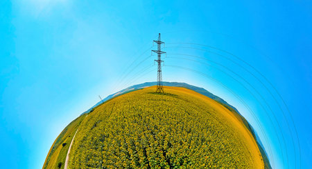 Beautiful futuristic panoramic (360 spherical panorama little planet) aerial drone view to endless...