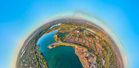 Beautiful futuristic panoramic (360 spherical panorama little planet) aerial drone view to city of...