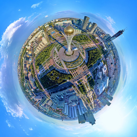 NUR-SULTAN, KAZAKHSTAN - August 11, 2019: Beautiful panoramic (360 spherical panorama little planet) aerial drone view to Nursultan (Astana) city center with skyscrapers and Baiterek Towerのeditorial素材