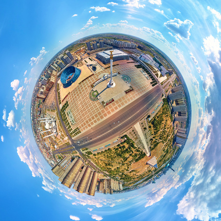 NUR-SULTAN, KAZAKHSTAN - August 11, 2019: Beautiful panoramic (360 spherical panorama little planet) aerial drone view to Nursultan (Astana) city center with Monument Kazakh Eli, Hazrat Sultan Mosqueのeditorial素材