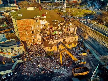 Beautiful panoramic aerial drone view to the demolition of Czarny Kot (Black Kat) - the most famous...