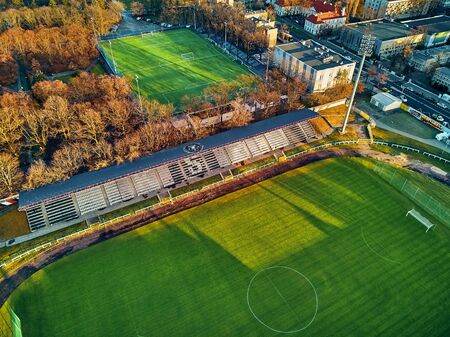 Beautiful panoramic aerial drone view to Konwiktorska Street Municipal Polonia Stadium (Gen. Kazimierz Sosnkowski Polonia Warsaw Stadium) in amazing winter January sunset, Warsaw, Polandの写真素材