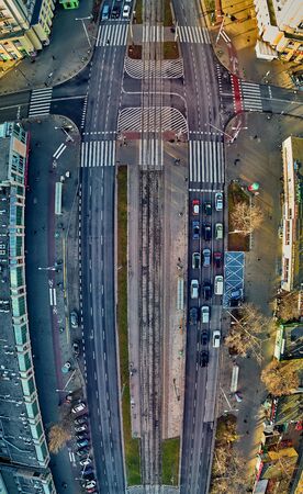 Beautiful panoramic aerial drone view - a look down at the avenue of John Paul II in Warsaw, Poland- amazing January sunsetの写真素材