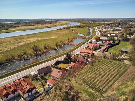 Beautiful panoramic aerial drone view to the Sandomierz Royal Castle - planting vines in the vineyard of St. Jakub - near the monastery and Church of St. Jakub in Sandomierz City, Polandの写真素材