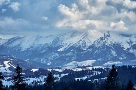 Beautiful panoramic aerial drone view to the Tatra Mountains (Tatras, Tatra) - mountain range between Slovakia and Poland - They are the highest mountain range in the Carpathian Mountains, PLの写真素材