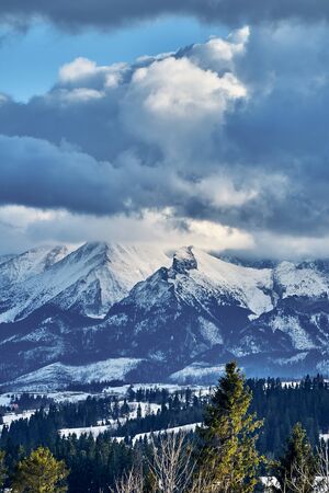 Beautiful panoramic aerial drone view to the Tatra Mountains (Tatras, Tatra) - mountain range between Slovakia and Poland - They are the highest mountain range in the Carpathian Mountains, PLの写真素材