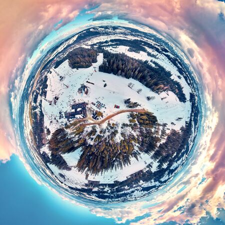 Beautiful panoramic aerial drone view to the ski slopes with lifts in the Bialka Tatrzanska ski resort Tatra Mountains (Tatras, Tatra) - mountain in Poland - 360 spherical panorama, little planet, PLの写真素材