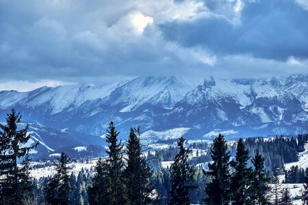 Beautiful panoramic aerial drone view to the Tatra Mountains (Tatras, Tatra) - mountain range between Slovakia and Poland - They are the highest mountain range in the Carpathian Mountains, PLの写真素材