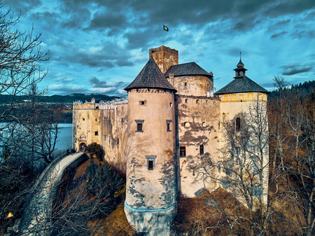 Beautiful panoramic aerial drone view to the Niedzica Castle also known as Dunajec Castle, located...
