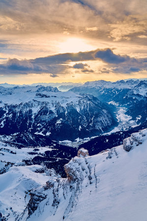 Beautiful panoramic view to the Sellaronda - the largest ski carousel in Europe - skiing the four...