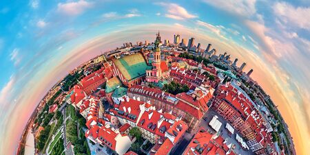 Beautiful panoramic aerial drone view (360 spherical panorama little planet)) on Warsaw Old town (POL: (Stare Miasto), square and the Column of Sigismund III Vasa at sunset, Poland.の写真素材