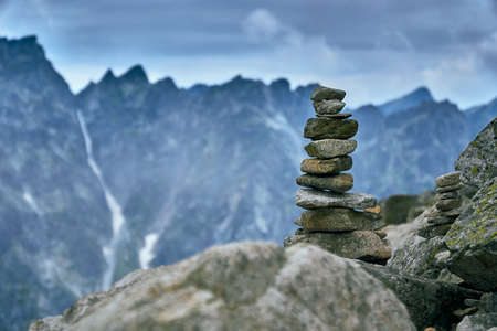 Zen stones, meditation Symbol of peaceful Buddhism. Beautiful view of mountain in National Park High Tatra. northern Slovakia, Europe, EU. Beautiful world.の写真素材