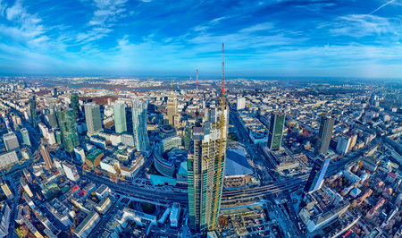 WARSAW, POLAND - NOVEMBER 19, 2020: Beautiful panoramic aerial drone view on Warsaw City...