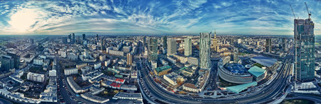 WARSAW, POLAND - NOVEMBER 19, 2020: Beautiful panoramic aerial drone view on Warsaw City...
