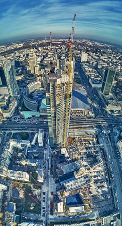 WARSAW, POLAND - NOVEMBER 19, 2020: Beautiful panoramic aerial drone view on Warsaw City Skyscrapers, PKiN, and Varso Tower (the tallest skyscraper in the European Union) under construction, EUのeditorial素材
