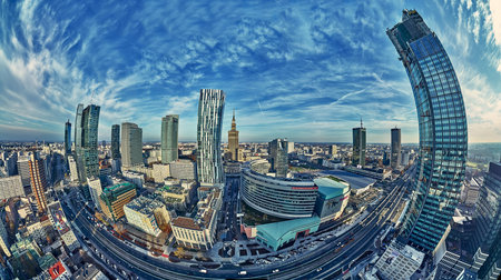 WARSAW, POLAND - NOVEMBER 19, 2020: Beautiful panoramic aerial drone view on Warsaw City...