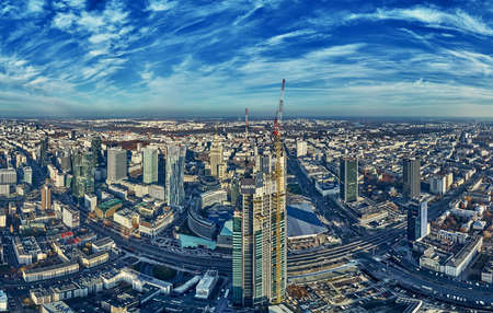 WARSAW, POLAND - NOVEMBER 19, 2020: Beautiful panoramic aerial drone view on Warsaw City Skyscrapers, PKiN, and Varso Tower (the tallest skyscraper in the European Union) under construction, EUのeditorial素材