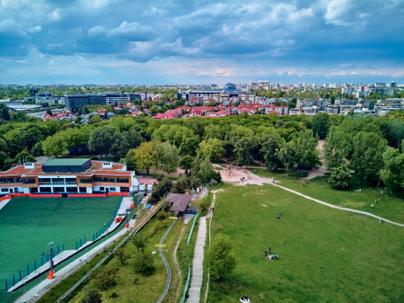 A beautiful panoramic view of the sunset in a fabulous May evening on Szczesliwice Park - a former village, currently a housing estate in the Ochota district in Warsaw, Polandの写真素材