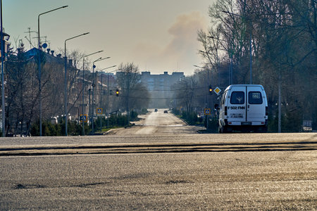 UST-KAMENOGORSK, KAZAKHSTAN - APRIL 04, 2020: Strange, amazing, unusual view of the empty streets of spring Ust-Kamenogorsk due to the first day of offitial COVID-19 pandemic - no people on the streetのeditorial素材