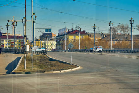 UST-KAMENOGORSK, KAZAKHSTAN - APRIL 04, 2020: Strange, amazing, unusual view of the empty streets of spring Ust-Kamenogorsk due to the first day of offitial COVID-19 pandemic - no people on the streetのeditorial素材