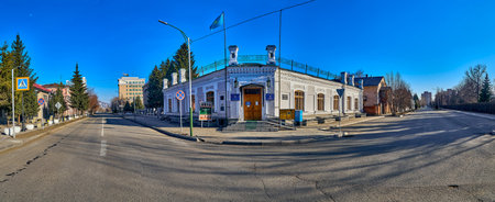 UST-KAMENOGORSK, KAZAKHSTAN - APRIL 04, 2020: Strange, amazing, unusual view of the empty streets of spring Ust-Kamenogorsk due to the first day of offitial COVID-19 pandemic - no people on the streetのeditorial素材