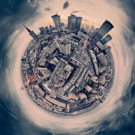 Beautiful panoramic aerial drone view on Warsaw City Skyscrapers, PKiN, and Varso Tower (the tallest skyscraper in the European Union) under construction during the January sunset. Warsaw, Poland.のeditorial素材