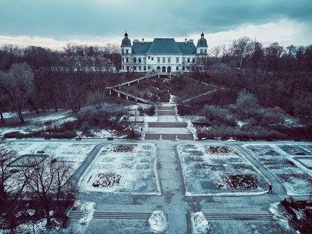 Beautiful panoramic aerial drone view on the Center of Contemporary Art in the Ujazdowski Castle against the Warsaw City Skyscrapers, PKiN, and Varso Tower during the sunset, Warsaw, Poland.のeditorial素材