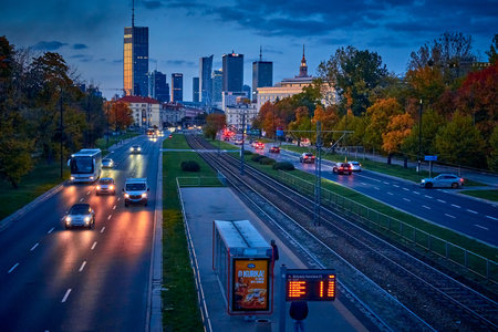 Beautiful panoramic aerial drone view of skyscrapers panorama at sunset, Warsaw, Poland, EU.の写真素材