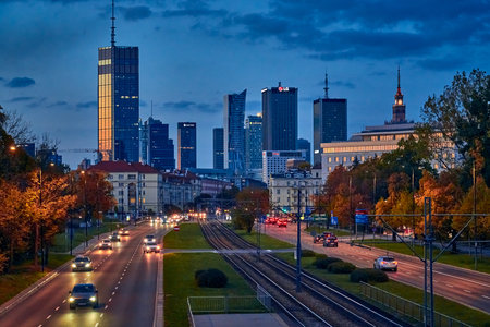 Beautiful panoramic aerial drone view of skyscrapers panorama at sunset, Warsaw, Poland.の写真素材