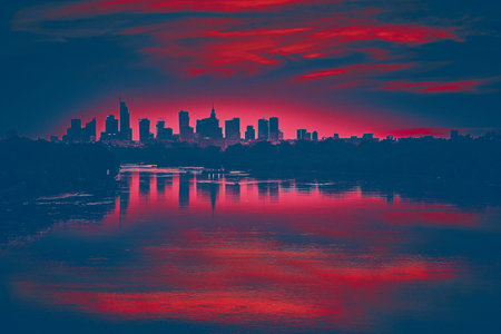 Beautiful panoramic aerial drone view of skyscrapers panorama at sunset, with reflection in Vistula river, Warsaw, Poland.の写真素材