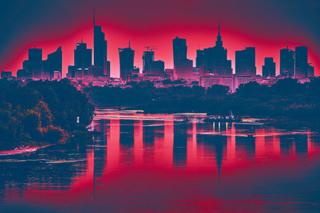 Beautiful panoramic aerial drone view of skyscrapers panorama at sunset, with reflection in Vistula river, Warsaw, Poland, EU.の写真素材