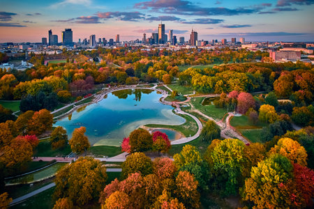 A beautiful panoramic aerial drone view of the sunset at Pola Mokotowskie in Warsaw, Poland - Mokotow Field is a large park in Warsaw, EUの写真素材