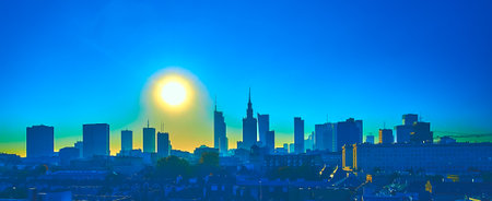 Beautiful panoramic aerial view from drone of skyscrapers panorama at sunset, Warsaw, Poland, EU.の写真素材