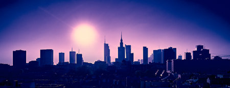 Beautiful panoramic aerial view from drone of skyscrapers panorama at sunset, Warsaw, Poland, EU.の写真素材