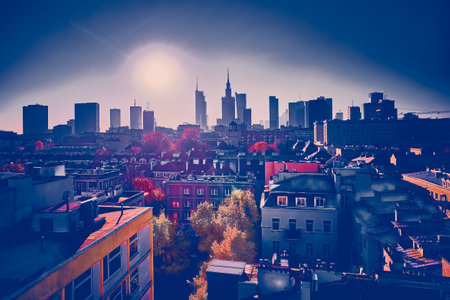Beautiful panoramic aerial view from drone of skyscrapers panorama at sunset, Warsaw, Poland.の写真素材