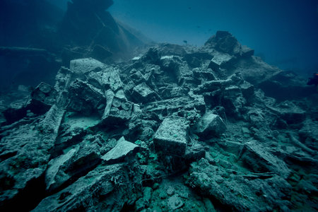 WWII truck inside the ship wreck of SS Thistlegorm - British cargo steamship sunk by German bomber aircraft in the Red Sea in 1941 near Sharm El Sheikh, Egypt. Underwater photography and travel.の写真素材