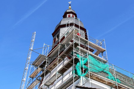 Scaffold on a churchの写真素材