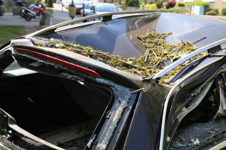 New car with storm damage after a hurricaneの写真素材