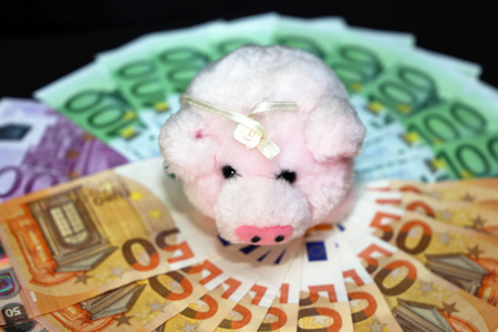 Euro bills (euro banknotes) with a pig as a good luck symbol in Germanyの写真素材