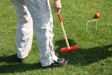 Family playing croquet