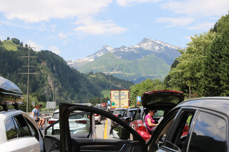 Traffic jam after an accident in the Gotthard tunnel (Motorway 2, Ticino, Switzerland, July 6, 2019)のeditorial素材