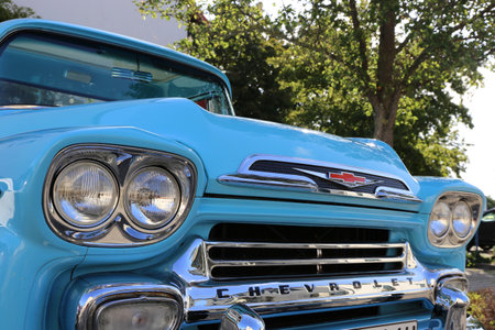 Detailed shot of an old blue Chevrolet Apache built in the 1950s (Mutterstadt, Germany, August 16, 2019)のeditorial素材